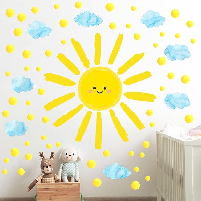 Eutecado Sun Wall Decals Watercolor Cloud Wall Stickers for Kids Room, 12 Sheets Large Sun Cloud Wall Decor Posters Polka Dots Wall Stickers Home Decorations for Girls Room Bedroom Play Room