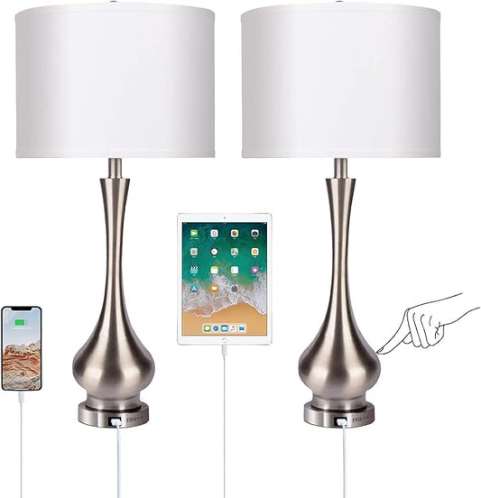 30" Large Modern Table Lamps Set of 2 for Living Room Bedroom with USB Charging Port,3-Way Dimmable Brushed Steel Nightstand Lamp Sets Bedside Touch Desk Lamp with White Fabric Shade (Bulb Included)