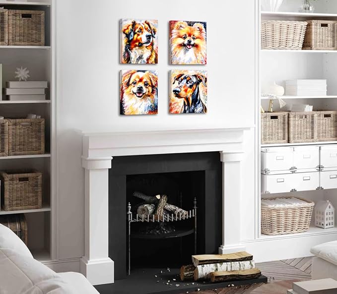 Framed Dog Wall Art Prints,Lovely Dog Canvas Wall Art,Set of 4 Funny Pet Dogs Prints,Colorful Impressionism Animals Wall Art for Living Room Bedroom Office Decor(8"x10")