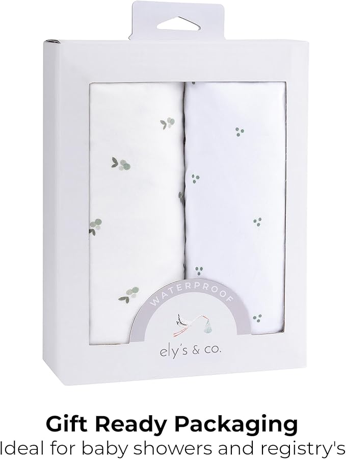 Ely's & Co. Patent Pending Waterproof Pack and Play Sheets, 100% Cotton with Waterproof Lining – 2 Pack Fitted Mini Crib Sheet Set, Berry and Cluster Dot (Sage) 38” x 24”