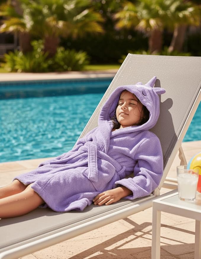 BAGNO MILANO Kids Organic Turkish Cotton Hooded Beach Cover-Up Towel, GOTS Certified, for Boys and Girls (Unicorn Purple, 7-8 Years)