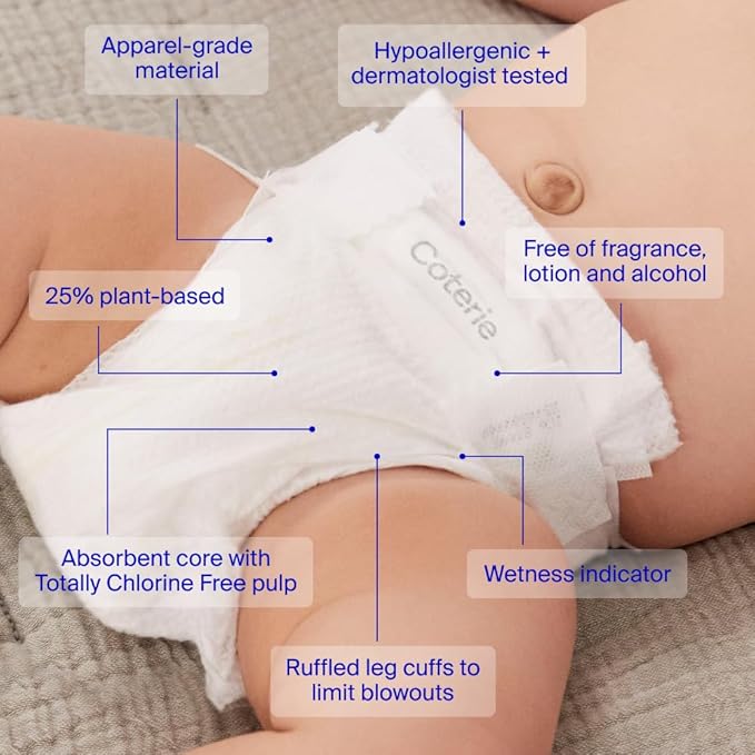 Coterie Baby Wipes + Diapers Kit, Size 1 (99 Count) & Size Newborn Diapers (93 Count), 8 Pack (448) Baby Wipes with 99% Water, Plant Based Materials, Hypoallergenic for Sensitive Skin