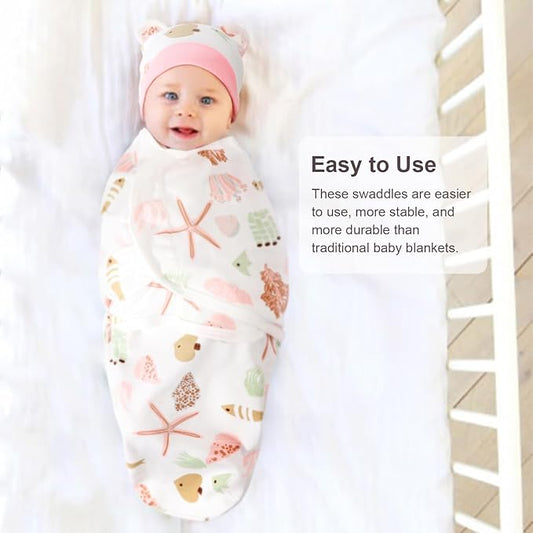 DRESHOW BQUBO 3 Pack Baby Swaddle Sleep Sacks Baby Swaddling Blanket Wrap Newborn Swaddle Sack with Bear Ears Hat for Boys Girls 6-12 Lbs Newborns & 0-3 Months Girls Boys