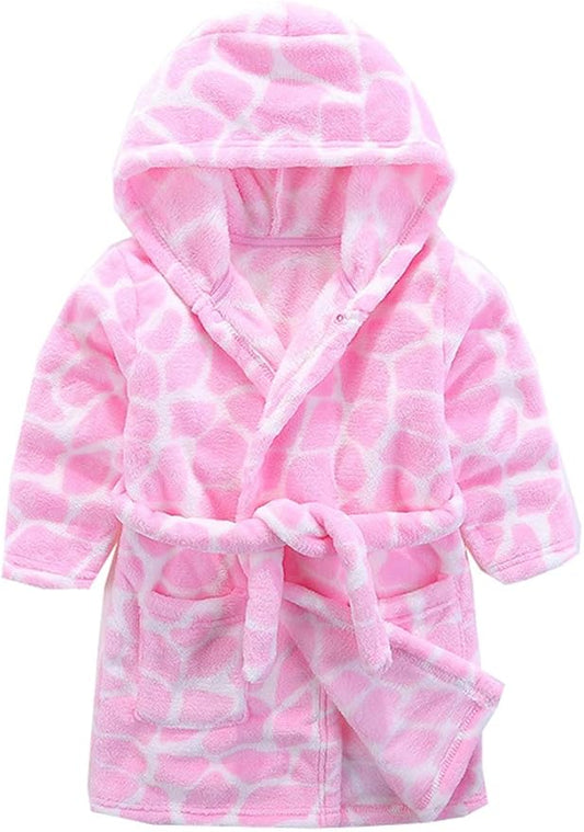 Girls Robes, Plush Soft Coral Fleece Animal Print Hooded Bathrobe for Kids Boys