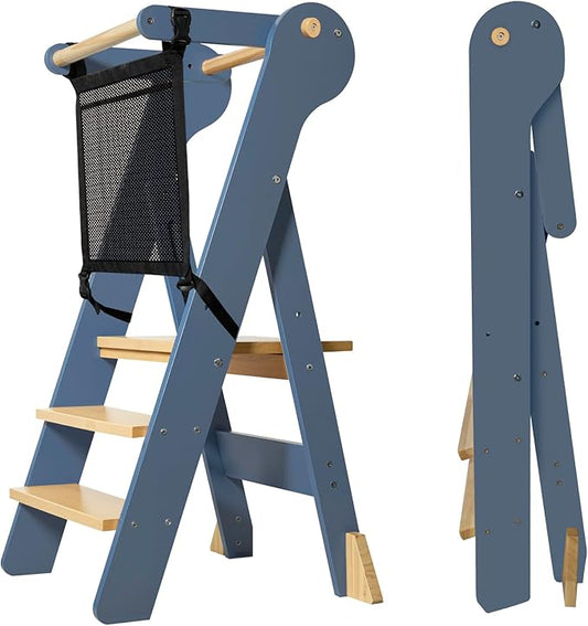Foldable Toddler Tower, Kids Kitchen Step Stool, Height Adjustable Montessori Toddler Standing Tower with Safety Rail & Anti-Slip Design, Wooden Helper Stool for Ages 1–6 (Blue Gray)