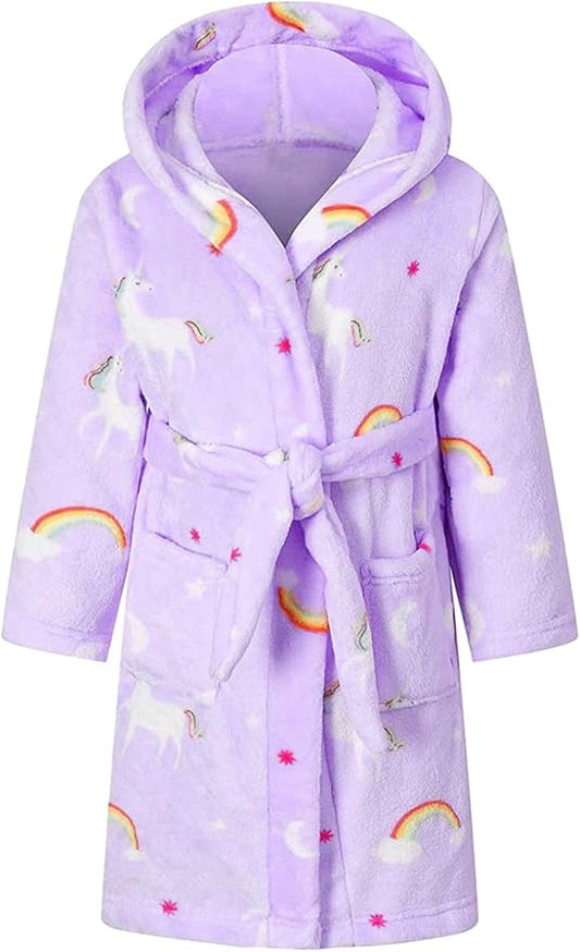 Girls Fleece Hooded Robes, Kids Soft Premium Fuzzy Bathrobe for Gifts, 2-12 Years