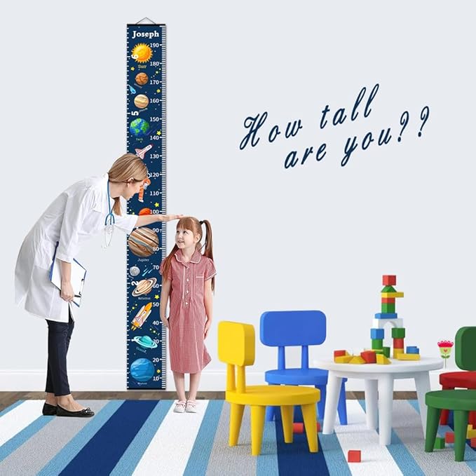 Personalized Growth Chart for Kids, Baby Height Chart with Custom Name, 77"x7.9" Canvas and Black Wood Height Measuring Rulers for Boys Girls Removable Wall Ruler Hanging for Nursery Decor - Planets