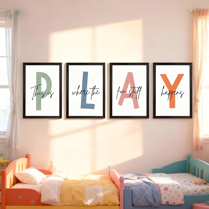 Cute Alphabet Play Framed Wall Art Set of 3, Natural Educational Alphabet Wooden Sign for Baby Girl Kid Boy Toddlers, Black Boho Preschool English Letters Nursery Decor for Homeschool Playroom