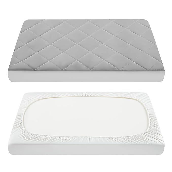 TILLYOU Pack and Play Sheet - Soft Quilted Crib Cover Pad, Toddlers Mattress Protector with 1''-3'' Deep Pocket, Thick Play Yard Playpen Sheets, Crib Mattress Pad 39"x27", Medium Grey