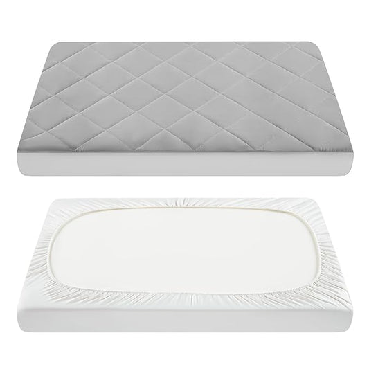 TILLYOU Pack and Play Sheet - Soft Quilted Crib Cover Pad, Toddlers Mattress Protector with 1''-3'' Deep Pocket, Thick Play Yard Playpen Sheets, Crib Mattress Pad 39"x27", Medium Grey