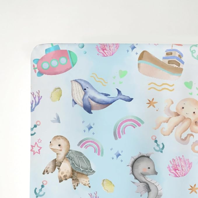 Colorful Ocean Animals Baby Crib Sheets for Boy Girl 52x28Inch Sea Horse Turtle Whale Rainbow Corals Soft Snug Fitted Crib Mattress Cover Marine Life Baby Sheet for Standard Crib & Toddler Mattress