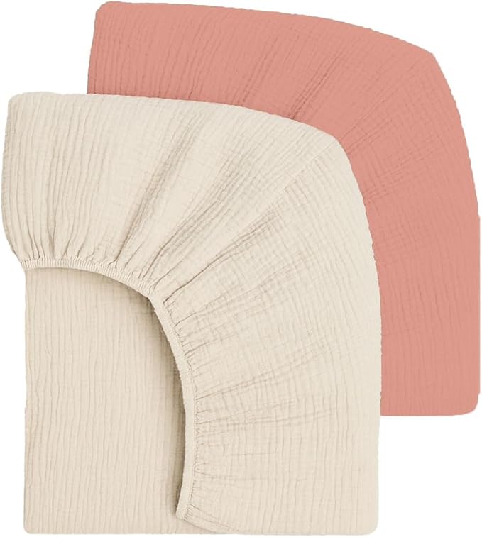 Mère & Moi Muslin Fitted Crib Sheets – 100% Cotton, Ultra-Soft & Breathable Baby Bedding for Standard Crib & Toddler Mattress (28” x 52”) - 2 Pack (Pink and Cream)