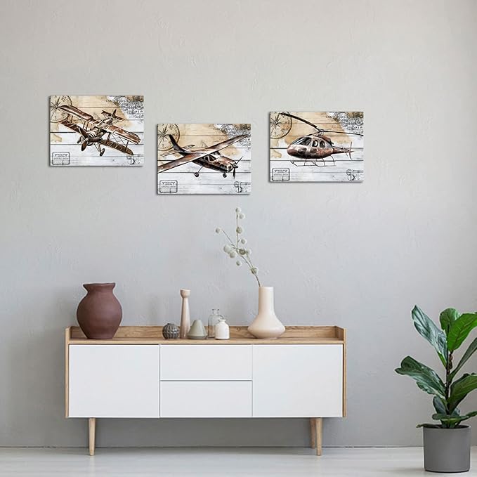 KLVOS Airplane Canvas Wall Art Retro Biplane Propeller Plane Helicopter Picture on Wood Texure Giclee Print Artwork Stretched and Framed Aircraft for Kids Boy Room Wall Decor 12x16inchx3pcs