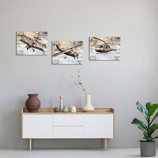 KLVOS Airplane Canvas Wall Art Retro Biplane Propeller Plane Helicopter Picture on Wood Texure Giclee Print Artwork Stretched and Framed Aircraft for Kids Boy Room Wall Decor 12x16inchx3pcs