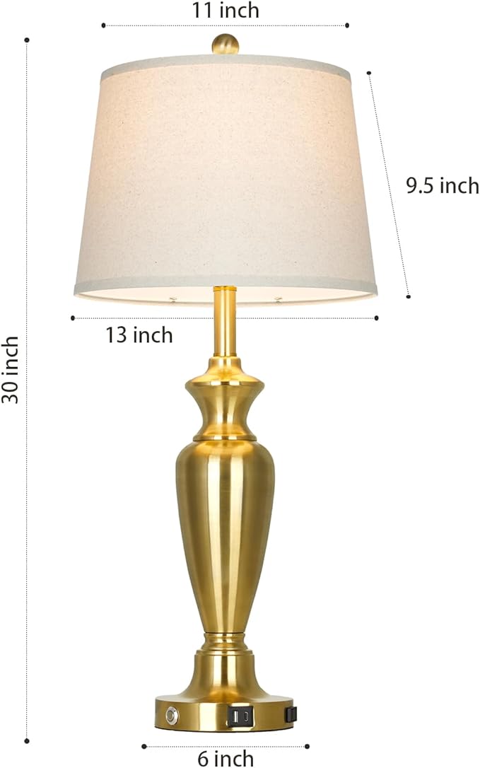 luxeflow Gold Table Lamp for Living Room Single, 30″ Tall Touch Control Bedside Lamp for Nightstand, 3-Way Dimmable Bedroom Lamp with USB A+C Ports and AC Outlet (1 Pack)