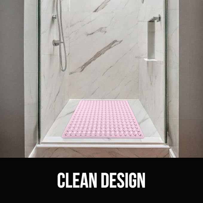 GORILLA GRIP Patented Square Shower Stall Mat, Small Bathtub Floor Mats for Stand Up Showers, Suction Cups and Drainage Holes, Machine Wash, Soft on Feet, Bathroom Accessories 21x21 Inch, Light Pink