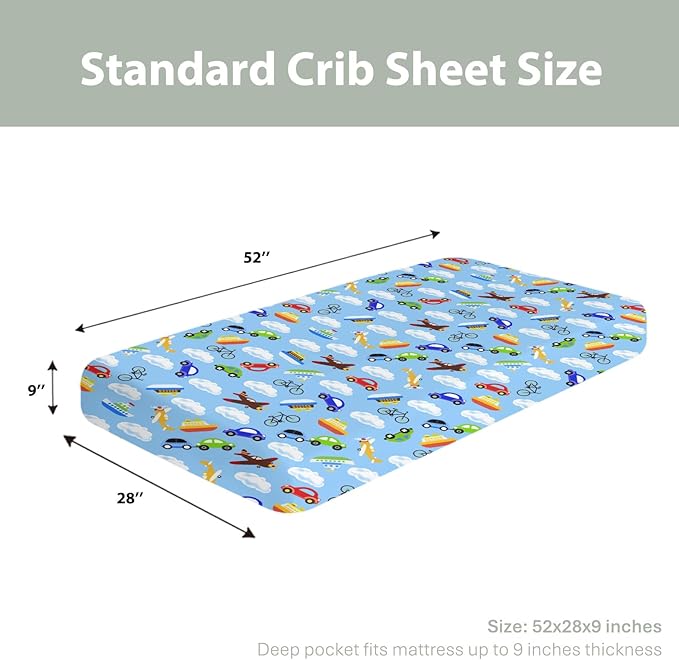 Planes Automobiles Transport Baby Crib Sheets for Boy Girl 28"x52" Airplanes Boats Bike Car Clouds Blue Soft Stretchy Fitted Crib Mattress Cover Travel Baby Sheet for Standard Crib & Toddler Mattress