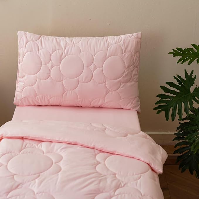 CLOTHKNOW 4 Pieces Pink Toddler Bedding Sets for Grils, Daisy Puff Pattern, Soft Crib Bed Set Including Comforter, Flat Sheet, Fitted Sheet and Pillowcase