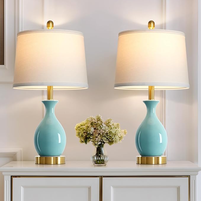 luxeflow 24" Bedroom Table Lamps Set of 2, Modern Classic Ceramic Lamps for Living Room, Small Bedside Table Lamp for Nightstand or End Table, Aqua Blue (2 LED Bulbs Included)