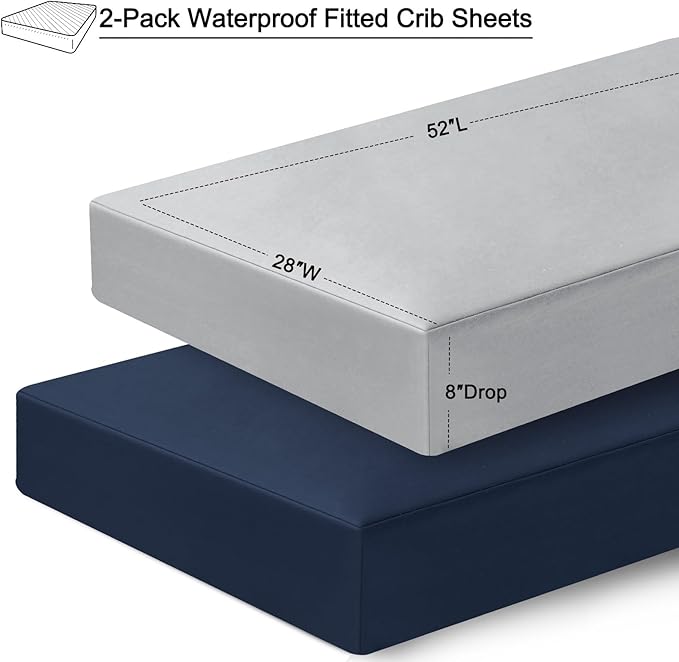 david's kids Waterproof Crib Sheets Fitted 2 Pack, Ultra Soft Breathable Crib Mattress Protector for Boys Girls Neutral, Fit Standard Crib Mattress and Toddler Mattresses, Navy Blue & Highclass Grey