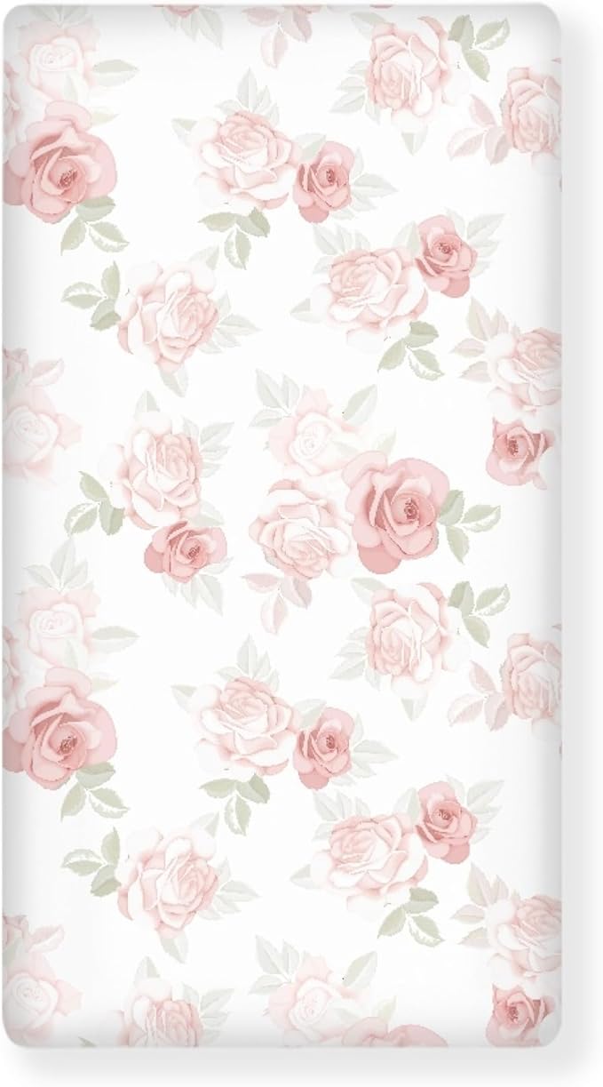 Pink Roses Fitted Crib Sheet for Boys Girls Beautiful Flower Leaves Baby Sheet for Standard Crib and Toddler Beauty Floral Nursery Bed Mattress Sheets 28"x52"
