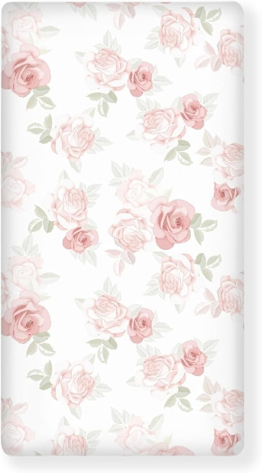 Pink Roses Fitted Crib Sheet for Boys Girls Beautiful Flower Leaves Baby Sheet for Standard Crib and Toddler Beauty Floral Nursery Bed Mattress Sheets 28"x52"