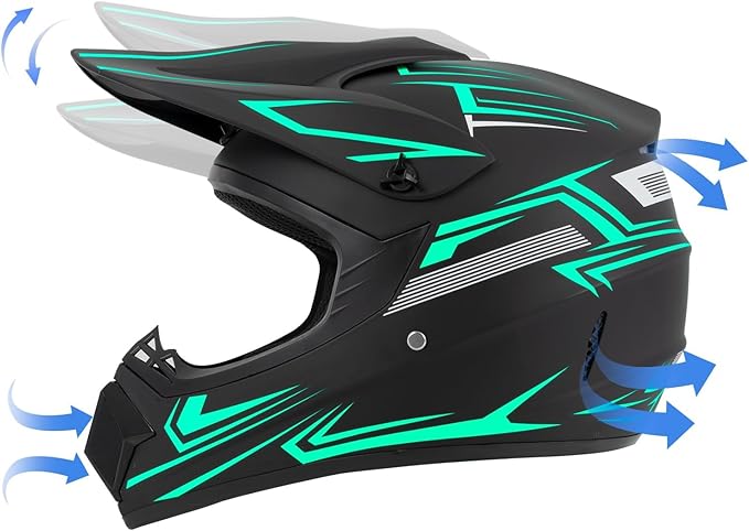 Youth Kids Dirt Bike Motocross Helmet (Goggles Gloves Face Mask) 4PCS Set, DOT Approved Boys Girls Full Face Motorcycle Helmets, ATV BMX MX Mountain Bike Off Road Kid Helmet (Green, L)