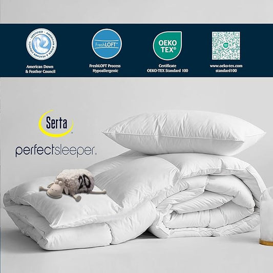 Serta Goose Feather Down Fiber Cotton Comforter Queen Size - 100% Cotton Duvet Insert - Hotel Luxury Hypoallergenic Bedding Comforter Light Warmth 90 x 90 Inch White