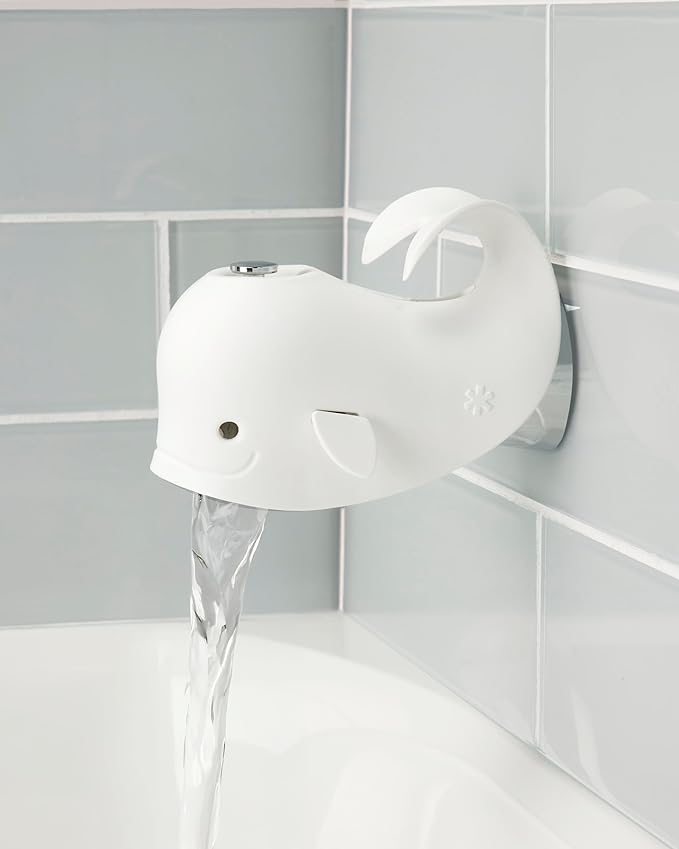 Skip Hop® Baby Bath Spout Cover, Bathtub Faucet Cover with Soft Rubbery Material, Dishwasher-Safe, Easy-to-Adjust Straps and Tail Hook for Hanging, Fits Most Tub Spouts, MOBY®, White
