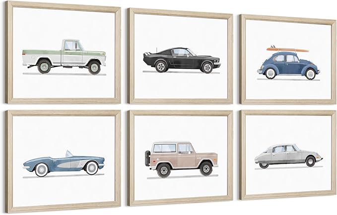 Blue Car Wall Art Decor Boys Room Wall Art Vintage Cars Canvas Poster Pictures Toddler Kids Room Prints Watercolor Vehicle Artwork Painting for Boys Bedroom Nursery 12x16 Inch Wood Framed Set of 6