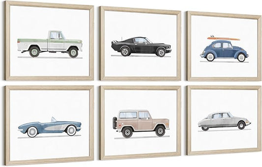Blue Car Wall Art Decor Boys Room Wall Art Vintage Cars Canvas Poster Pictures Toddler Kids Room Prints Watercolor Vehicle Artwork Painting for Boys Bedroom Nursery 8x10 Inch Wood Framed Set of 6