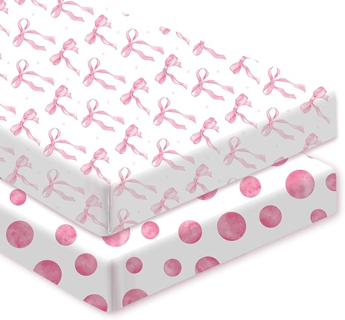 2 Pack Crib Sheets for Girls, Pink Baby Girl Crib Sheets, Bow Bed Sheet Set, 52'' x 28'' for Standard Crib Mattress, Stretchable Soft Toddler Aesthetic Nursery Decor (Crib)