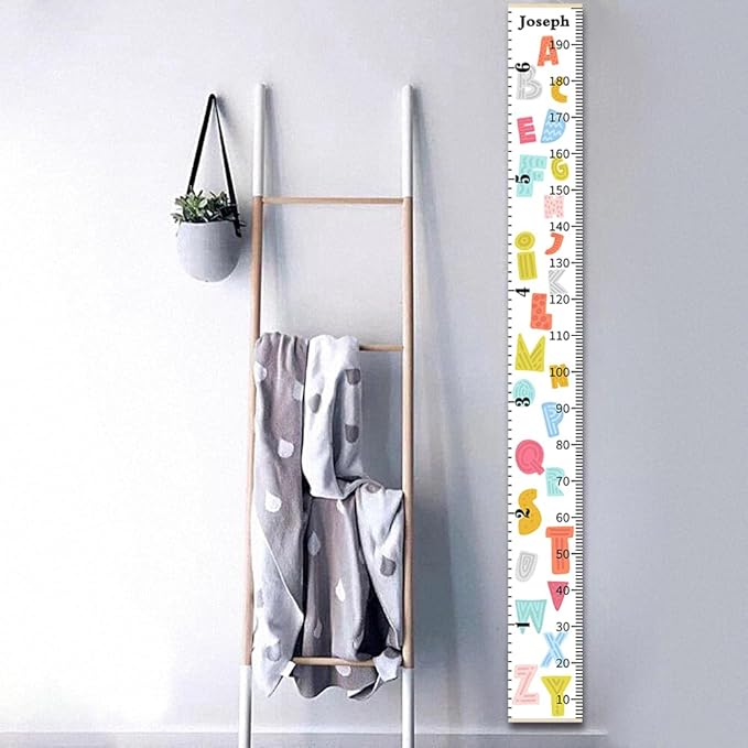 Personalized Growth Chart for Kids, Baby Height Chart with Custom Name, 77"x7.9" Canvas and Beige Wood Height Measuring Rulers for Boys Girls Removable Wall Ruler Hanging for Nursery Decor - Alphabet