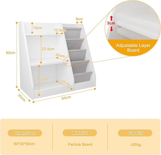 HedoAjim White Kids Bookshelf Wood Toy Storage Organizer Cabinet Children Bookcase Toddler Baby Sling Book Rack Adjustable Shelf for Playroom Bedroom Nursery Hallway School Kindergarten