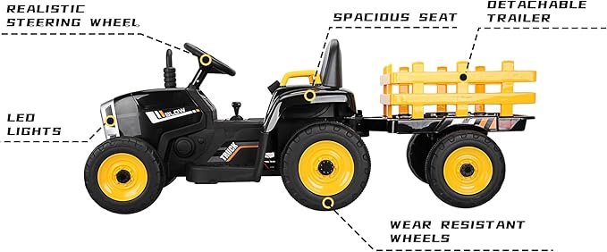 TOBBI Kids Electric Ride On Toy Tractor, Toddlers 12V Battery-Powered Car to Drive, 35W Dual Motor 6-Wheels Trailer Vehicle with 3-Speeds/LED & Horn Functions for Chirdren Aged 3-6-Black