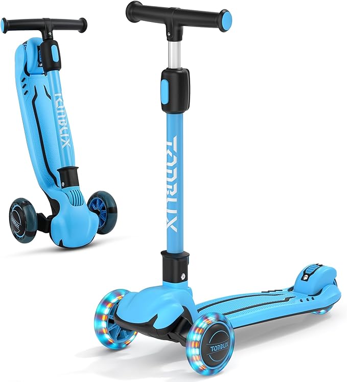 TONBUX Kids Scooter, Light Up 3 Wheel Kick Scooters for Kids 3-12, Folding Scooters with Adjustable Height - Toddler Scooter Lean-to-Steer & Widen Anti-Slip Deck