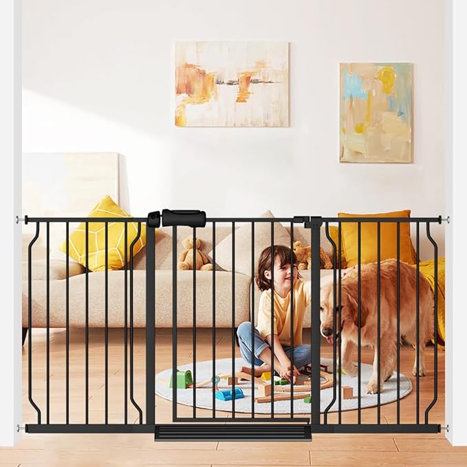 Extra Wide Baby Gate 57.5-62 Inch Black Walk THR Dog Gates Doorways House No Drill Pressure Mounted Auto Close Long Child Safety Gate for Kids and Pet