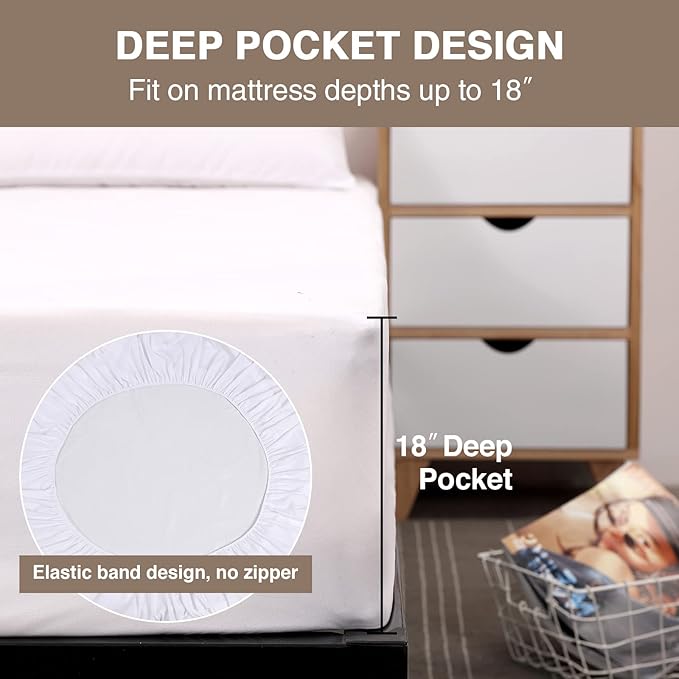 Mecerock Mattress Protector, Breathable and Soft Waterproof Mattress Protector, Mattress Cover, Fitted to 18" Deep, Mattress Cover Queen Size Bed White