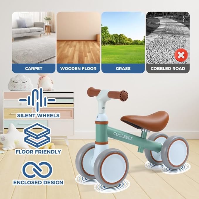 COOLBEBE Baby Balance Bike for 1 Year Old Boys Girls Gift, 2 Year Old Toddler Balance Bike with 4 Silent Wheels, One Year Old Birthday Gift Children for 12M-36M Pre-School