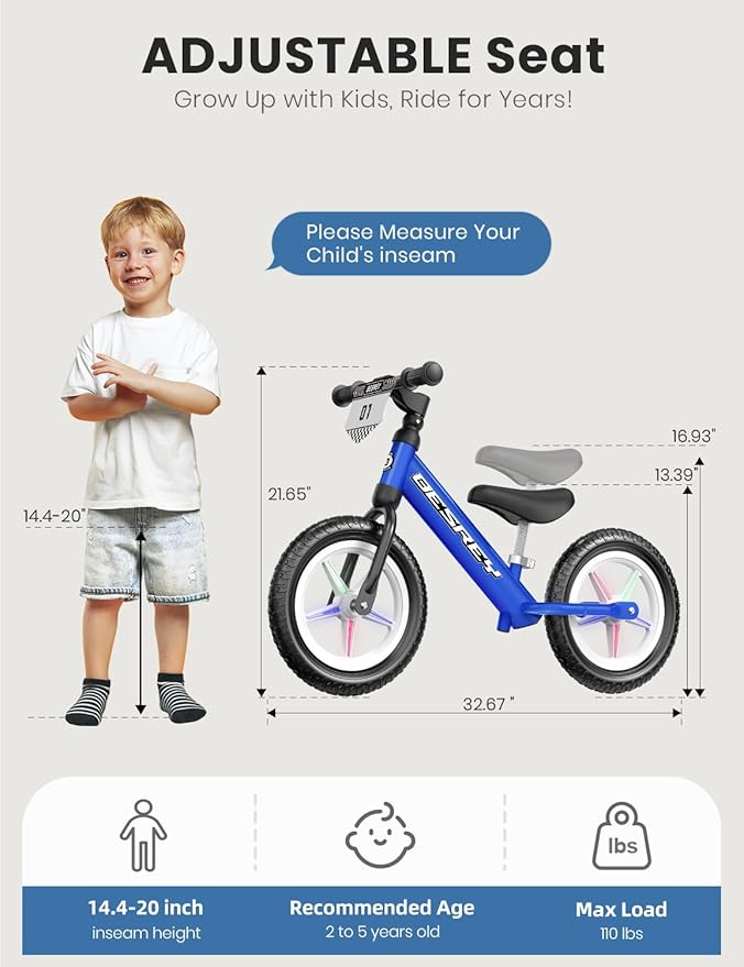 besrey Toddler Balance Bike 2 Year Old: All-Metal Frame & 12" Self-Lighting Wheels, Kids Bike with Adjustable Seat, Custom Plate w/Bonus 4 Sets of Stickers, Gift Bike for Boys Girls 2 3 4 5 Years Old