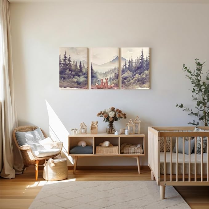 Fox Family Nursery Decor Print Vintage Family of Three Animal Wall Art Set of 3 Woodland Nursery Wall Decor Mountain Forest Nature Poster for Kid Baby Boy Girl Room Decor Framed Canvas 16"x24"x3