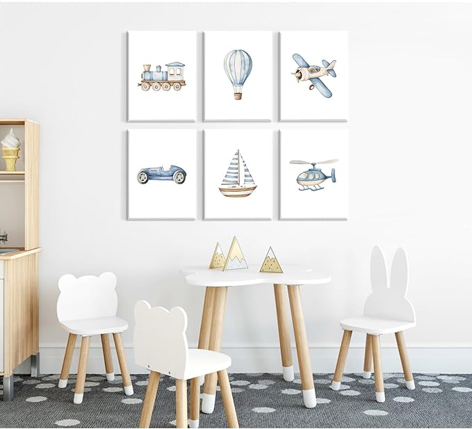 Baby Boy Nursery Wall Art Transportation Blue Car Canvas Prints Vintage Toddler Vehicle Pictures Decor Hot Air Balloon Airplane Nursery Poster for Kids Boys Room Bedroom 12x16x6 Inch Wrapped Canvas