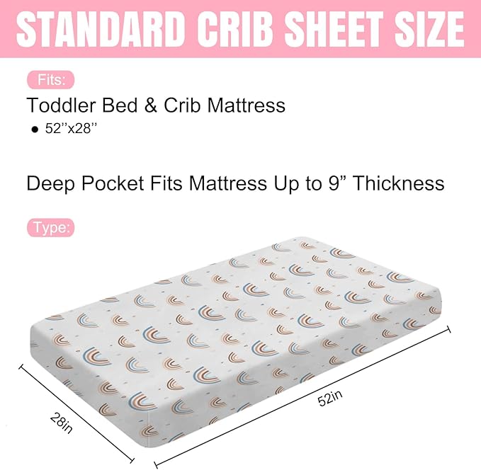 Rainbow Baby Crib Sheet 52''x28'' Cute Rainbow Drops Colorful Stretchy Fitted Crib Mattress Sheet for Boy Girl Bed Sheet for Standard Crib Toddler Mattresses