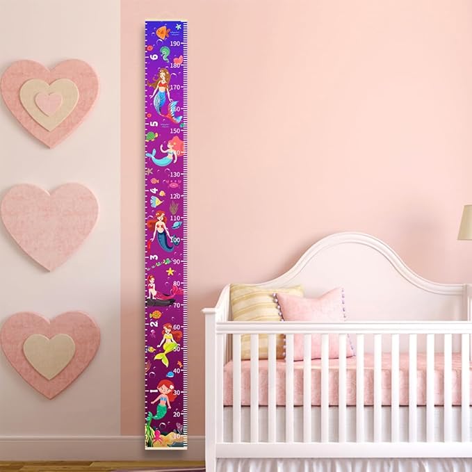 Nustila Ocean Mermaid Growth Chart for Kids Baby Height Chart Ruler Removable Canvas Wooden Frame Hanging Wall Rulers Measurement Charts for Toddler Room Nursery Decor - 79"X7.9" with Beige Wood