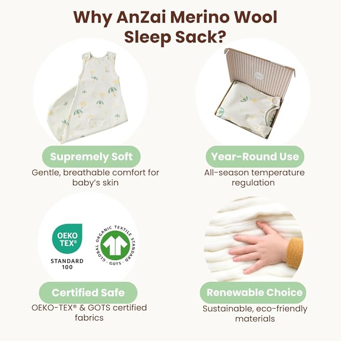 AnZai Merino Wool & Organic Cotton Sleep Sack for 2-24 Months - 2 Way Zipper Adjustable Sleeping Bag, Year Round