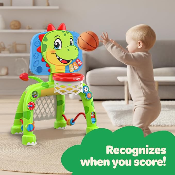 Move2Play, Dinosaur Basketball Hoop & Soccer Goal Activity Center | 30+ Sounds & Songs + 5 Lights | 1 2 3 Year Old for Boys and Girls | Toy & Gift for Baby & Toddlers