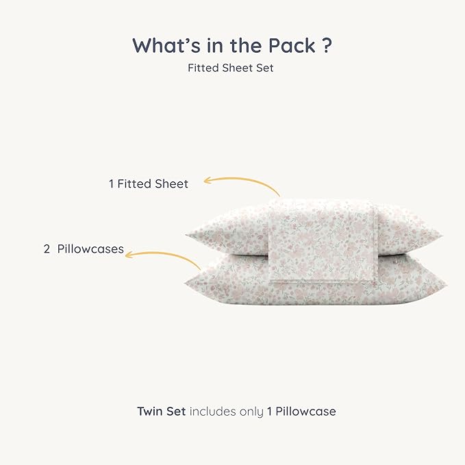 MakeMake Organics Organic Twin Fitted Sheet Set GOTS Certified Organic Cotton Fitted Sheet with 1 Pillowcase Ultra Soft Non Toxic Breathable Hypoallergenic (40"X76", Blossom)