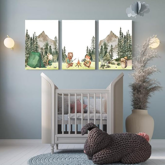 Camping Nursery Wall Art, Woodland Hiking Nursery Wall Decor, Bear Fox Print, Mountain Forest Wall Art, Outdoor Adventure Nature Picture for Baby Boy Girl Room Decor, Framed Set of 3, 12"x16"x3