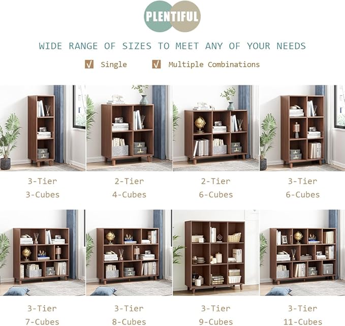 IOTXY Open Cube Low Bookcase - 3-Tier Freestanding Storage Display Cabinet Organizer with Legs for Home Office, 8-Cubes Open Shelf Short Bookshelf, Walnut