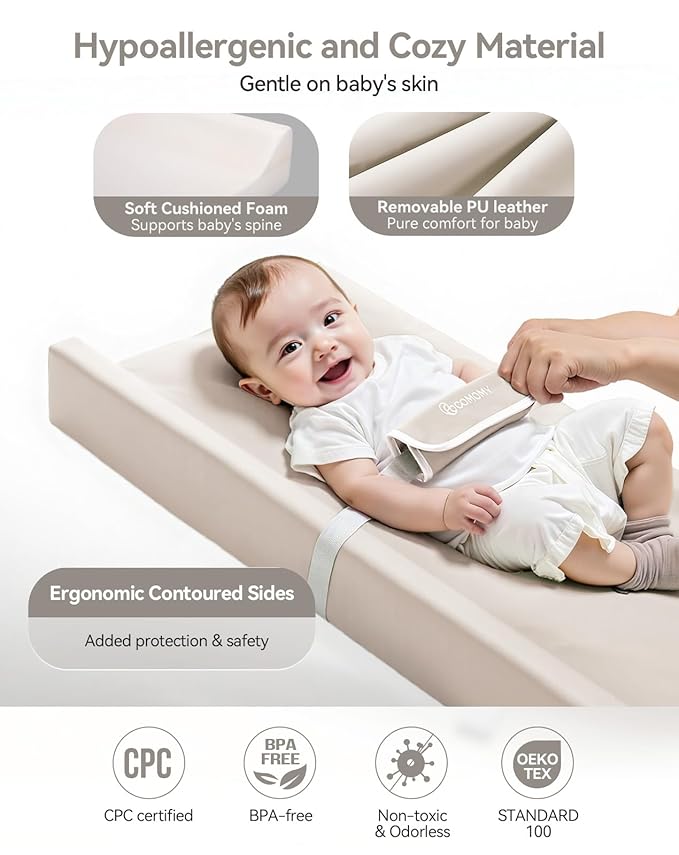 COMOMY Baby Changing Pad with Wipeable & Waterproof PU Cover, Contoured Diaper Changing Pad for Dresser with Non-Slip Safety Belt, Portable and Lightweight, Large Cushioned Foam, Beige